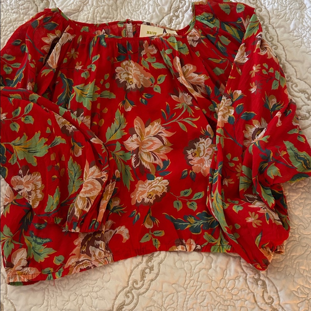 Anthropologie Maeve Red Leaf Print Top